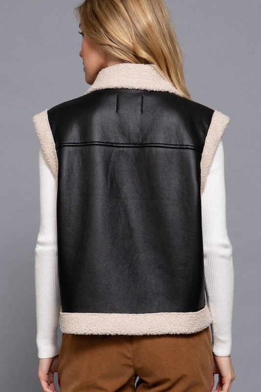 Black Faux Leather Aviator Vest