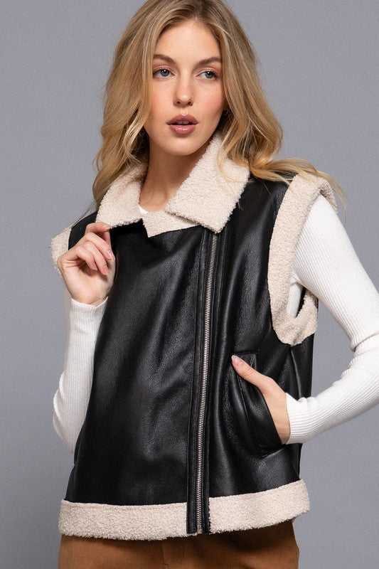 Black Faux Leather Aviator Vest